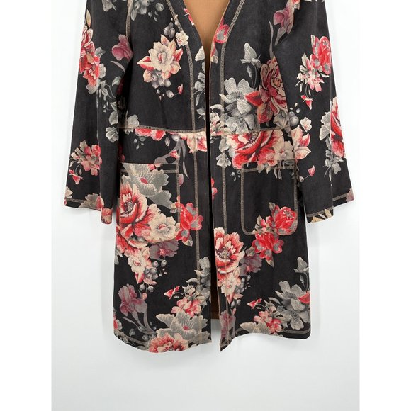 Anthropologie Monarc Gray Open Front Kimono Jacket Women Small Roses Pockets - Picture 3 of 10